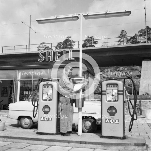 Shell gas station in the Stockholm area, Sweden, 1957.
 Creator: Unknown.