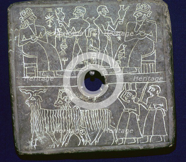 Sumerian stone plaque showing ritual offerings to a King. Artist: Unknown