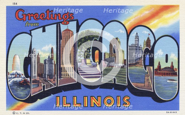 'Greetings from Chicago, Illinois', postcard, 1935. Artist: Unknown
