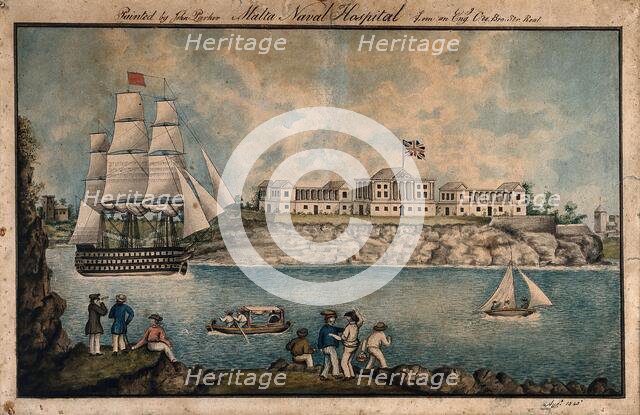 Malta: Royal Naval Hospital or Bighi Hospital, with sailors dancing on the shore, 1843. Creators: Charles de Brocktorff, Unknown.