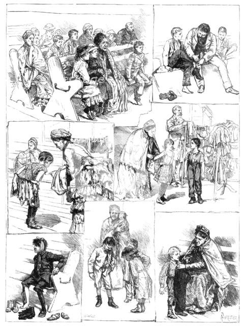The London Samaritan Society's distribution of boots and clothing to poor children, 1883. Creator: R. Taylor.