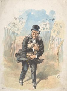 Man Clutching Moneybags While Banks Collapse, late 19th-early 20th century. Creator: Emmanuel Wyttenbach.