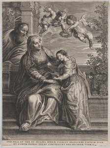The education of the Virgin, with Saint Anne and the Virgin Mary reading with two p..., ca. 1600-50. Creator: Anon.