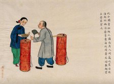 A betel (areca) nut seller, being paid by a woman customer, 1890. Creator: Pei Qun Zhou.