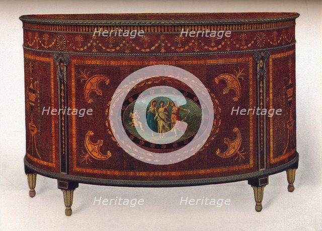 'Bow-Fronted Commode, with Metal Mouldings and Headings, veneered and inlaid with coloured woods', c Artist: Unknown.