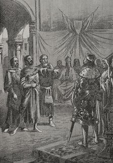 Cataldo Rosso speaking before the king, 1890.  Creator: Joan Serra y Pausas.
