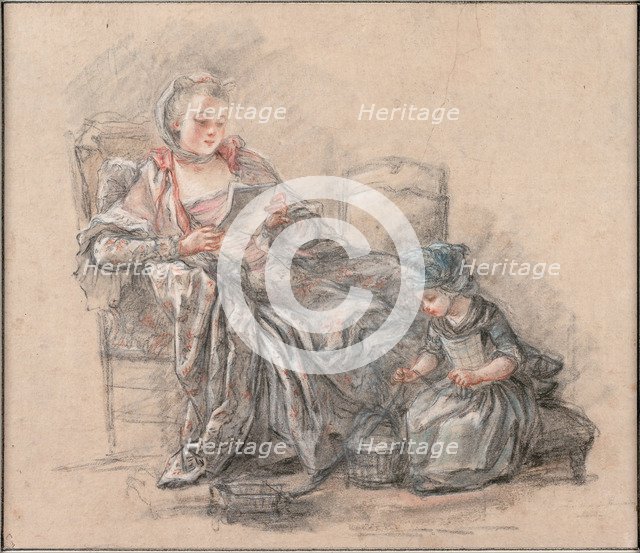 Woman Reading and a Girl Playing (Marquise de Pompadour with her daughter Alexandrine), ca 1748. Artist: Guérin, François (1751-1791)