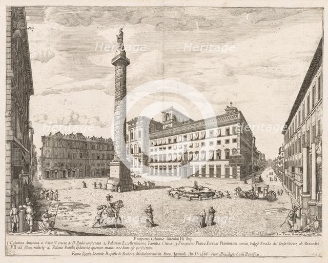 Piazza Colonna from "Prospectus Locurum Urbis Romae Insign[ium]", 1666. Creator: Lievin Cruyl (Flemish, c. 1640-c. 1720).