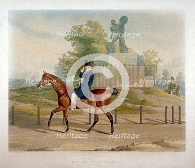 The Duke of Wellington riding past the Achilles statue in Hyde Park, London, 1844.  Artist: John Harris