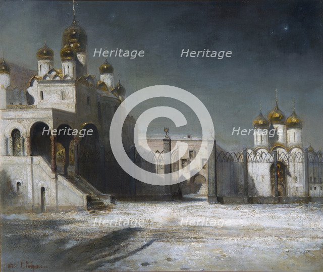The Cathedral Square in the Moscow Kremlin at Night, 1878. Artist: Savrasov, Alexei Kondratyevich (1830-1897)
