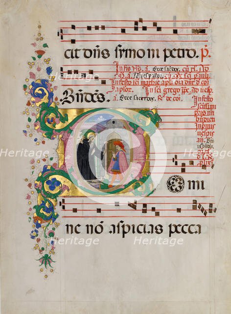 Manuscript Leaf with Saint Benedict Resuscitating a Boy in an Initial D, from an Antiphonary. Creator: Master of the Riccardiana Lactantius.