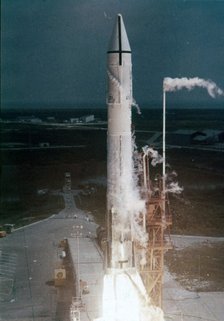 Atlas-Centaur rocket lifting off, Cape Canaveral Air Force Station, Florida, USA. Creator: NASA.