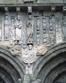 Santiago Cathedral, dated from 1103, detail of the figures of Salvador and Santiago Apostle on th…