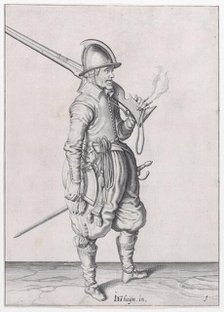 A soldier holding his caliver, from the Marksmen series, plate 1, in Waffenhandl..., published 1608. Creator: Robert Willemsz de Baudous.