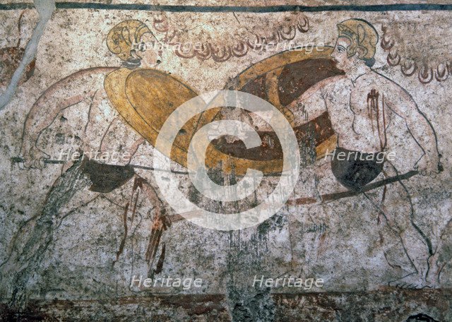 Gladiators combat. Greek painting Italic influenced, from the Lucanian tomb at Paestum.
