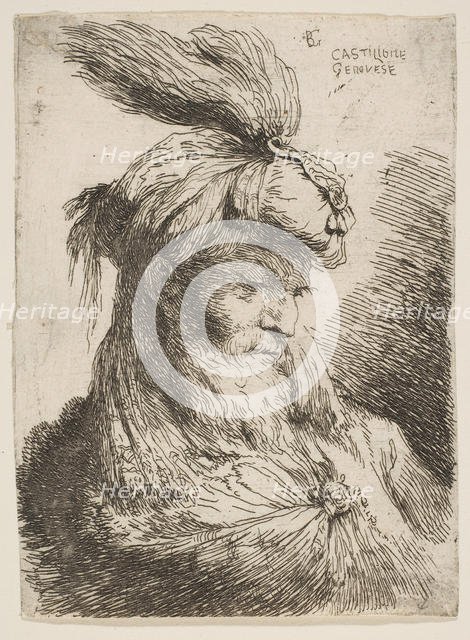 Head of a bearded man with a turban facing right, from the series of 'Small Heads..., ca. 1645-1650. Creator: Giovanni Benedetto Castiglione.
