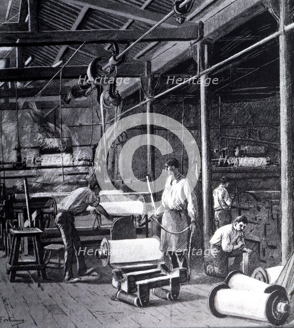 Vapor Vell' nave, steam-driven textile factory located in the suburb of Sants in Barcelona. Drawi…