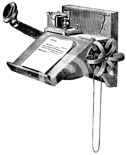 Wall-mounted Edison carbon telephone with 'pony-crown' receiver, New York, 1879. Artist: Unknown