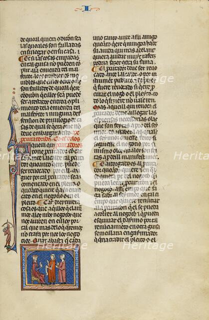 Initial A: The Attorney with Clients before a Judge; Vidal Mayor, about 1290-1310. Creator: Unknown.