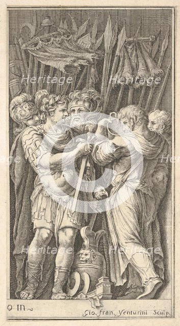 Soldiers, one shown frontally and holding a sword, at right a soldier with his ba..., ca. 1650-1700. Creator: Giovanni Francesco Venturini.