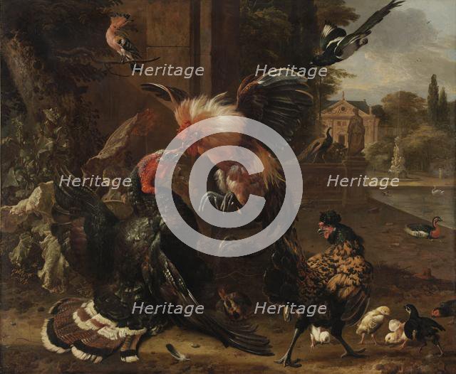 A Rooster and Turkey Fighting, c. 1680. Creator: Melchior de Hondecoeter (Dutch, 1636-1695).