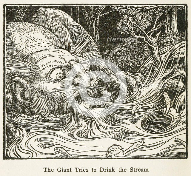 The Giant Tries to Drink the Stream, from Europa's Fairy Book, pub. 1916. Creator: John Dickson Batten (1860 - 1932).