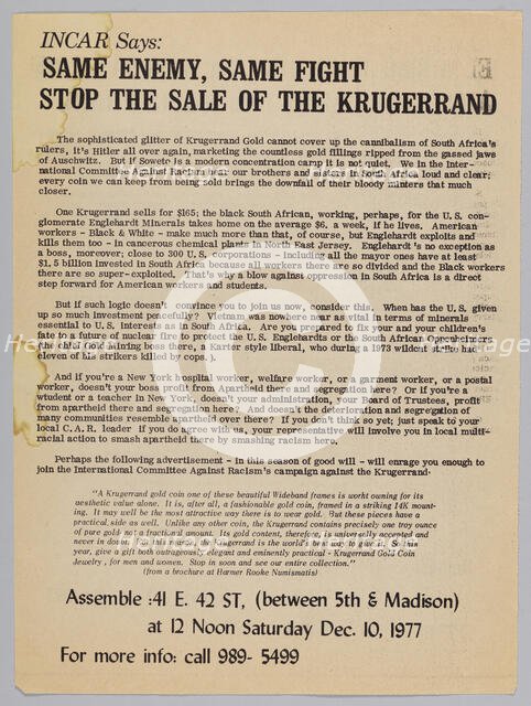 Flyer advertising a protest against the sale of the Krugerrand, 1977. Creator: Unknown.