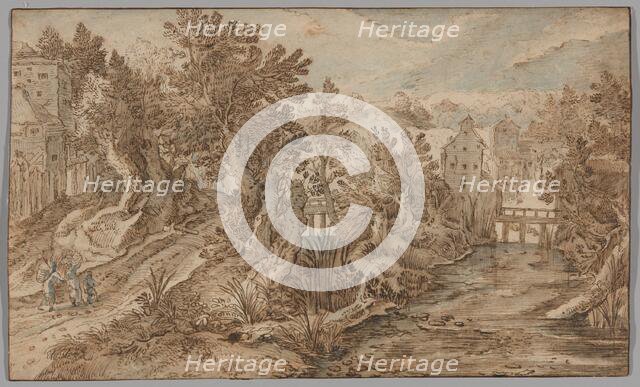 Village Scene with a River and Wooden Bridge, 1595/1600. Creator: Pieter Stevens.