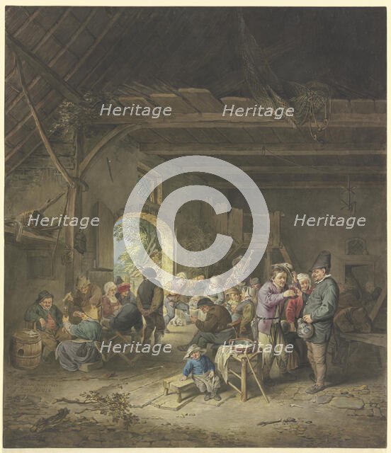 Celebrating farmers in a barn, 1778. Creator: Jacobus Buys.