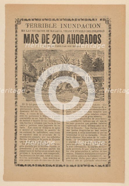 Broadsheet relating to the terrible flood in the towns of Malaga, Veloz and Pueblo del Col..., 1907. Creator: José Guadalupe Posada.