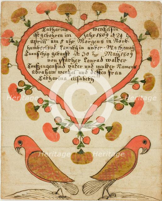 Baptismal Certificate of Catharina Wentzelsin, April 24, 1809. Creator: Unknown.