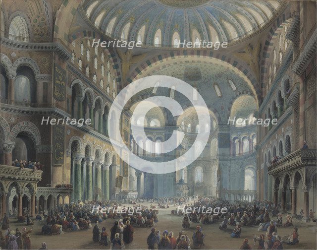 Interior of the Hagia Sophia in Constantinople. Artist: Bossoli, Carlo (1815-1884)