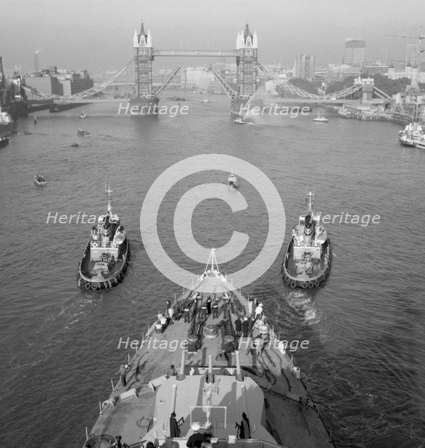 HMS 'Belfast' and Tower Bridge, London, 1971. Artist: Eric de Maré.
