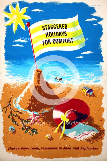 'Staggered holidays for comfort. There's more room...', WWII poster, between 1939 and 1946. Creators: Central Office of Information, Eileen Evans.
