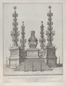 Catafalque for Pope Clement X: a central structure raised on a 15 stepped platform, with c..., 1676. Creator: Giovanni Battista Falda.