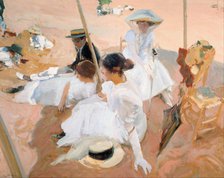 Under the awning, on the Beach at Zarautz. Artist: Sorolla y Bastida, Joaquín (1863-1923)