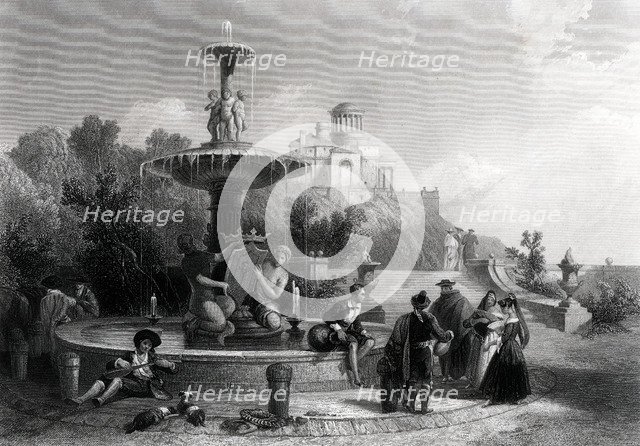 Madrid, scene and fountain with people walking, English engraving from 1880.