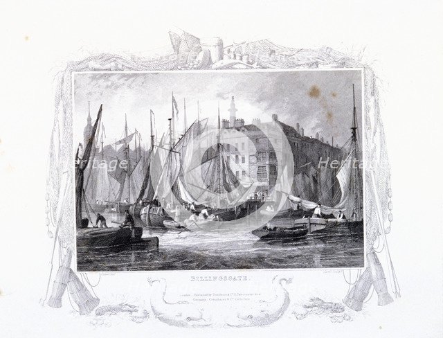 View of Billingsgate wharf with Three Tuns Public House, figures and boats, London, 1834.  Artist: James Carter