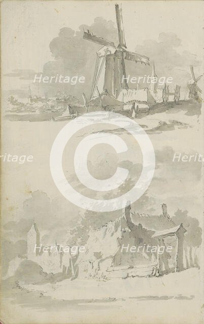 Windmill in a landscape and a village view, c.1780-c.1800. Creator: Bernhard Heinrich Thier.
