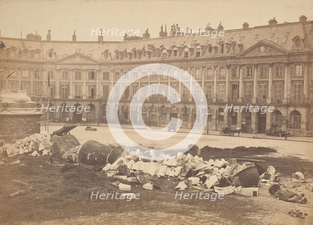 [The Vendôme Column After Being Torn Down by the Communards], 1871. Creator: Hippolyte-Auguste Collard.