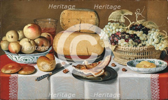Cheeses on a pewter plate, grapes in a basket, apples in a porcelain Chinese bowl, bread rolls.... Creator: Koets; Roelof; the Elder (1592-1654).
