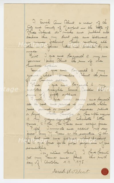 Last will and testament of Sarah Ann Blunt Crozley, October 1898. Creator: Sarah Ann Blunt Crozley.