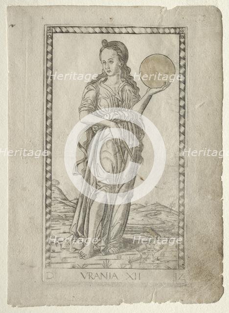 Urania (astronomy) (from the Tarocchi series D: Apollo and the Muses, #12), before 1467. Creator: Master of the E-Series Tarocchi (Italian, 15th century).