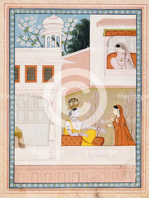 Krishna Talks to Radha's Maidservant, Folio from a Satsai (Seven Hundred Verses..., c1825. Creator: Unknown.