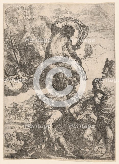 Mercury (Hermes), Juno (?) Mars, and a group of figures below (shepherds, musicians..., ca. 1640-60. Creator: Anon.