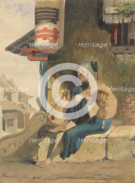 Old, skinny Chinese (opium smoker?) sitting on a sidewalk in Batavia, 1846. Creator: Ernest Alfred Hardouin.