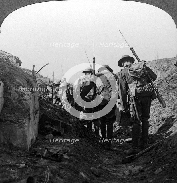 British troops in a captured trench, Hindenburg Line, France, World War I, 1917-1918.Artist: Realistic Travels Publishers