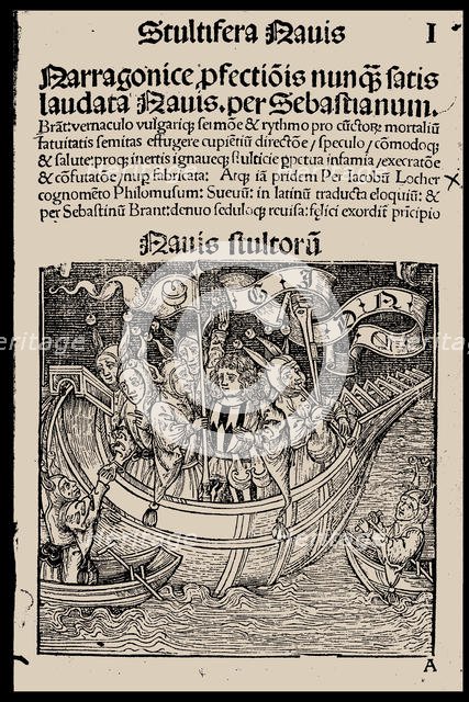 Title page of the book "Ship of Fools" by Sebastian Brant, 1497. Creator: Anonymous.