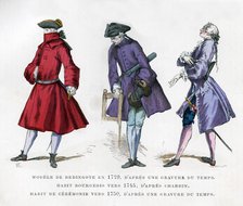 Frock coat of 1729, bourgeois fashion in 1745, and ceremonial dress of 1750, (1882-1884).Artist: Tamisier