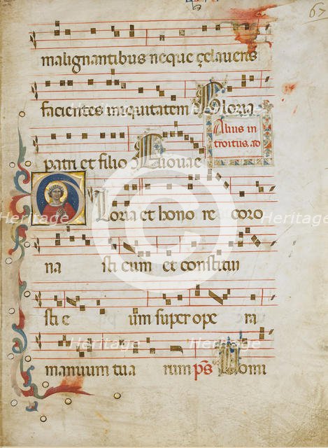 Manuscript Leaf with a female saint (possibly Dorothy) in an Initial G..., ca. 1330-40. Creator: Illustratore.